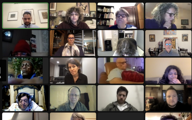 Texas Christian University professor Adam McKinney, upper left, organized an online vigil in support of Congregation Beth Israel of Colleyville, Texas, where an attacker took several congregants hostage, January 15, 2022. (Screenshot via JTA) Texas Christian University professor Adam McKinney, upper left, organized an online vigil in support of Congregation Beth Israel of Colleyville, Texas, where an attacker took several congregants hostage, January 15, 2022. (Screenshot via JTA)