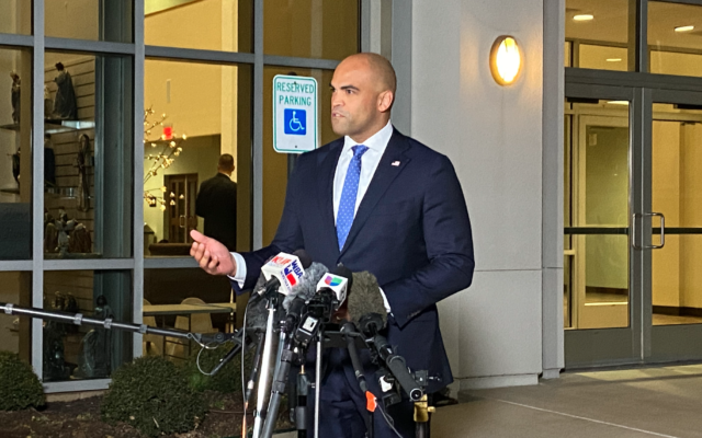 Rep. Colin Allred Speks to reporters outside of Whites Chapel United Methodist Church following a special service on January 17, 2022 in Southlake, Texas. (Jacob Magid/Times of Israel)