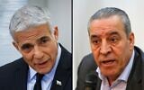 Foreign Minister Yair Lapid, left, and Palestinian Authority Civil Affairs Commissioner Hussein al-Sheikh. (Flash90; Wafa)