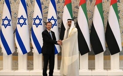 President Isaac Herzog meets with then-Crown Prince of Abu Dhabi, Sheikh Mohammed bin Zayed Al Nahyan in Abu Dhabi on January 30, 2022. (Amos Ben-Gershom/GPO)