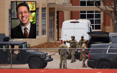 SWAT team members deploy near Congregation Beth Israel Synagogue during a hostage situation in Colleyville, Texas, January 15, 2022; inset, Congregation Beth Israel Rabbi Charlie Cytron-Walker. (Andy Jacobsohn/AFP; Congregation Beth Israel) SWAT team members deploy near Congregation Beth Israel Synagogue during a hostage situation in Colleyville, Texas, January 15, 2022; inset, Congregation Beth Israel Rabbi Charlie Cytron-Walker. (Andy Jacobsohn/AFP; Congregation Beth Israel)