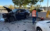 Scene where a car bomb went off, injuring a mother and her toddler in Rehovot, January 25, 2021. (United Hatzala)