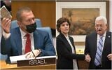 Gilad Erdan (left) holds a rock during a UN Security Council session on the Israeli-Palestinian conflict on January 19, 2022; Meretz Chair Tamar Zandberg (center) meets with Palestinian Authority President Mahmoud Abbas at his Ramallah office, on March 10, 2019. (Screenshot/UN; Hadas Parush/Flash90)