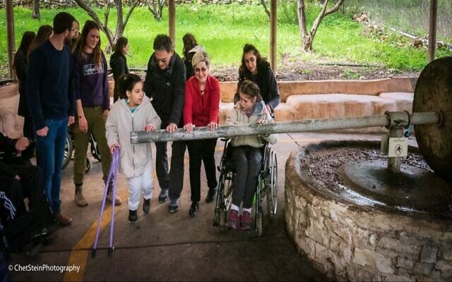 Participants use a disability-accessible olive press at the Emek Hashalom Farm (Credit: Chet Stein Photography) Participants use a disability-accessible olive press at the Emek Hashalom Farm (Credit: Chet Stein Photography)