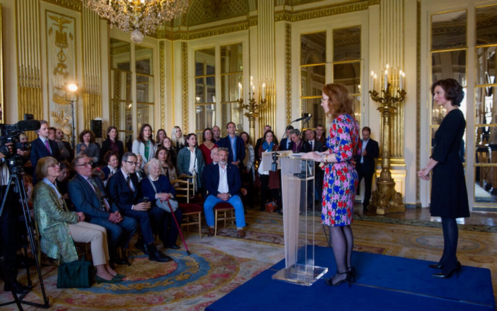 Pauline Baer de Perignon speaks at the ceremony for the restitution of 'A Shepherd' by Giovanni Battista Tiepolo at France's Ministry of Culture, April 2017. (Courtesy)
