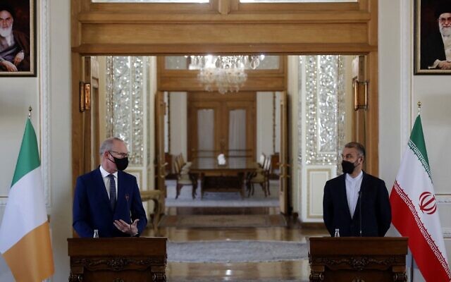 Irish Foreign and Defense Minister Simon Coveney speaks during a joint press conference with Iranian Foreign Minister Hossein Amir-Abdollahian in Tehran, on February 14, 2022. (AFP) Irish Foreign and Defense Minister Simon Coveney speaks during a joint press conference with Iranian Foreign Minister Hossein Amir-Abdollahian in Tehran, on February 14, 2022. (AFP)