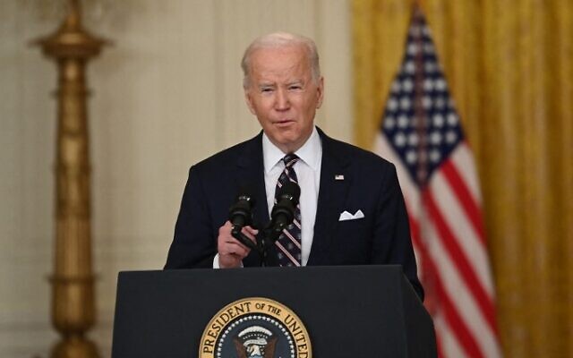 US President Joe Biden speaks in the East Room of the White House about Russian military activity near Ukraine on February 22, 2022, in Washington, DC (Brendan SMIALOWSKI / AFP)