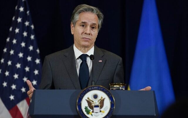 Secretary of State Antony Blinken during a news conference at the State Department in Washington, DC, on February 22, 2022. (Carolyn Kaster / POOL / AFP) Secretary of State Antony Blinken during a news conference at the State Department in Washington, DC, on February 22, 2022. (Carolyn Kaster / POOL / AFP)