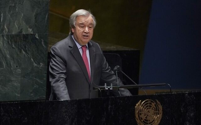 UN Secretary-General Antonio Guterres speaks at the General Assembly 58th plenary meeting in New York, on February 23, 2022, on the Russia-Ukraine conflict. (Timothy A. Clary/AFP)