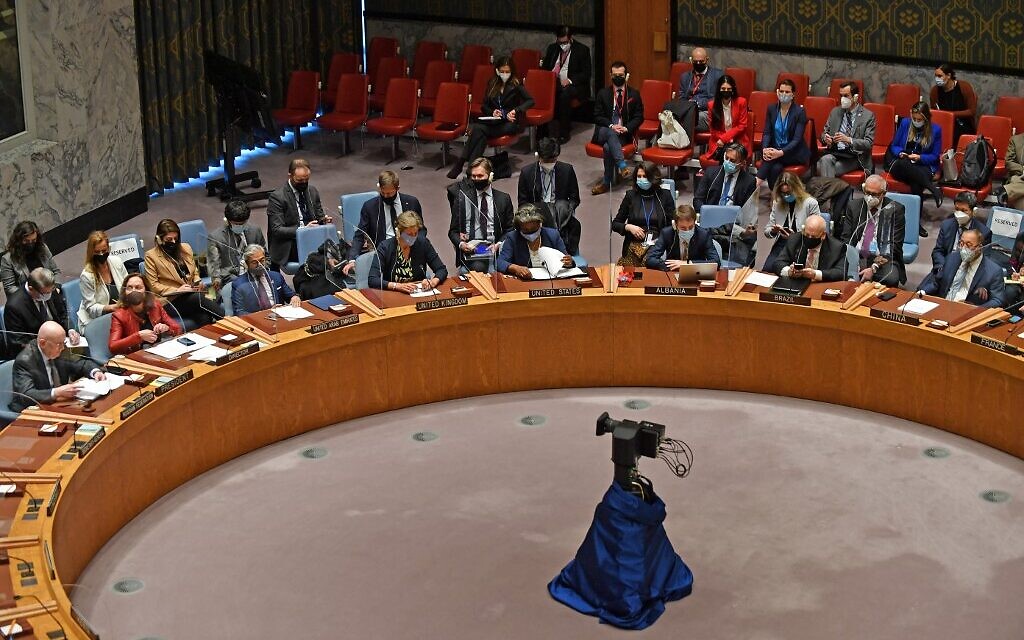 The United Nations Security Council meets at the UN Headquarters in New York City, on February 27, 2022. (Andrea Renault/AFP)