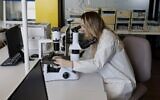 A woman works in a lab at a high-tech cannabis products start-up at a technological incubator center in the town of Yeruham in the southern Negev desert on February 1, 2022. (MENAHEM KAHANA / AFP)