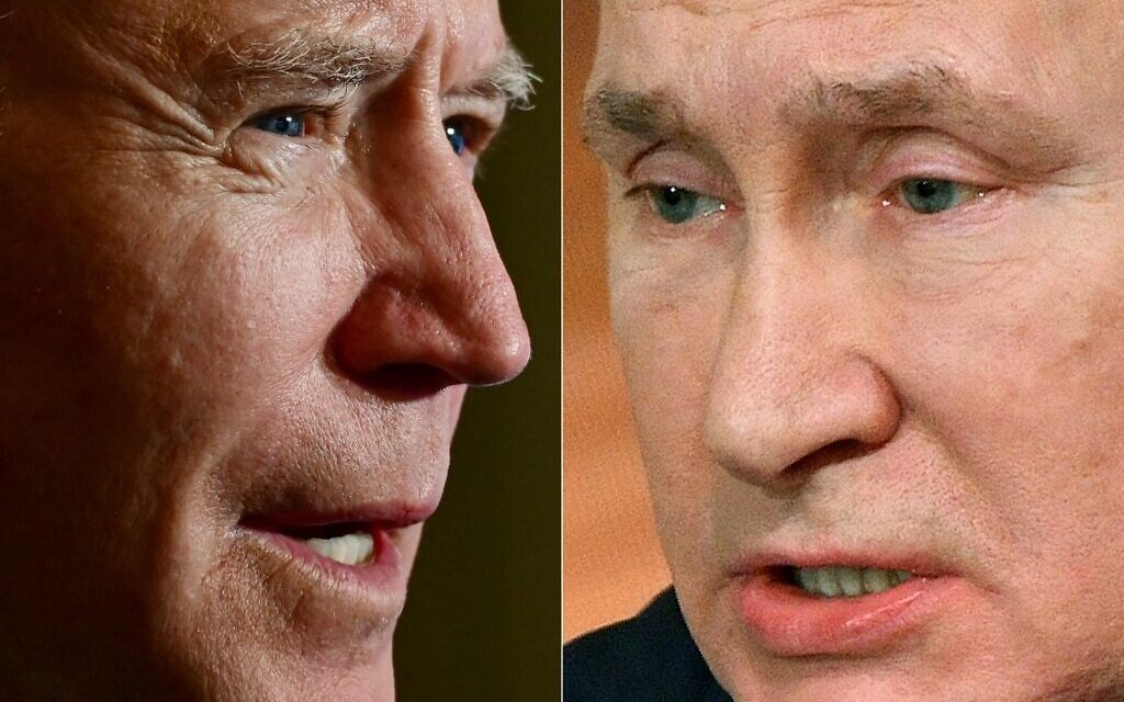 This combination of pictures shows US President Joe Biden, left, speaking at the White House in Washington, DC, on January 20, 2021; and Russian President Vladimir Putin holding his annual press conference in Moscow on December 19, 2019. (Jim Watson and Alexander Nemenov/AFP) This combination of pictures shows US President Joe Biden, left, speaking at the White House in Washington, DC, on January 20, 2021; and Russian President Vladimir Putin holding his annual press conference in Moscow on December 19, 2019. (Jim Watson and Alexander Nemenov/AFP)