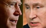 This combination of pictures shows US President Joe Biden, left, speaking at the White House in Washington, DC, on January 20, 2021; and Russian President Vladimir Putin holding his annual press conference in Moscow on December 19, 2019. (Jim Watson and Alexander Nemenov/AFP)