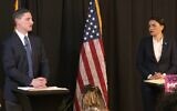 Josh Mandel (left), a Republican running for the US Senate, debates Morgan Harper (right), a Democrat, at the City of God church in Cleveland, on February 21, 2022. (Morgan Harper campaign/YouTube via JTA)