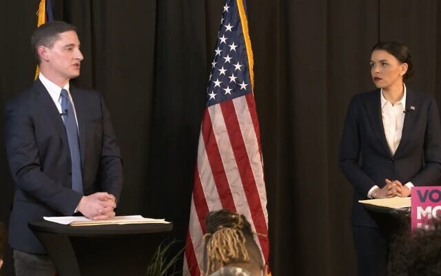 Josh Mandel (left), a Republican running for the US Senate, debates Morgan Harper (right), a Democrat, at the City of God church in Cleveland, on February 21, 2022. (Morgan Harper campaign/YouTube via JTA) Josh Mandel (left), a Republican running for the US Senate, debates Morgan Harper (right), a Democrat, at the City of God church in Cleveland, on February 21, 2022. (Morgan Harper campaign/YouTube via JTA)