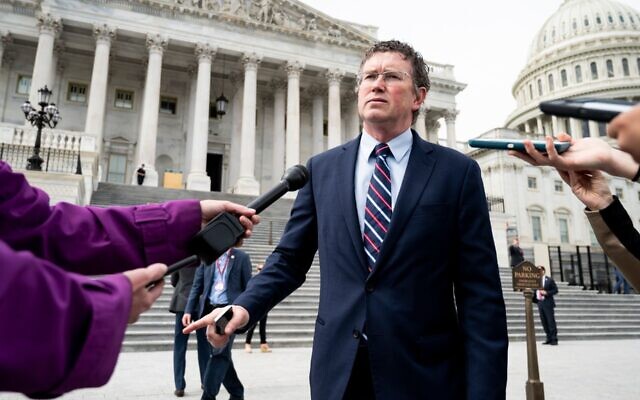 Rep. Thomas Massie, Republican-Kentucky, stops to speak with reporters as he leaves the Capitol, March 27, 2020. (Bill Clark/CQ-Roll Call, Inc via Getty Images/JTA) Rep. Thomas Massie, Republican-Kentucky, stops to speak with reporters as he leaves the Capitol, March 27, 2020. (Bill Clark/CQ-Roll Call, Inc via Getty Images/JTA)