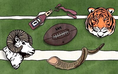 This year's Super Bowl has its share of Jewish connections. (Art by Mollie Suss/JTA)
