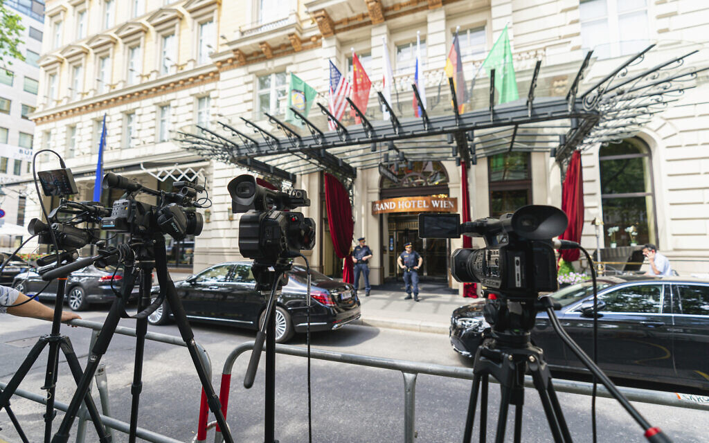 TV cameras in front of the 'Grand Hotel Vienna,' where closed-door nuclear talks take place in Vienna, Austria, on June 20, 2021. (AP Photo/Florian Schroetter) TV cameras in front of the 'Grand Hotel Vienna,' where closed-door nuclear talks take place in Vienna, Austria, on June 20, 2021. (AP Photo/Florian Schroetter)