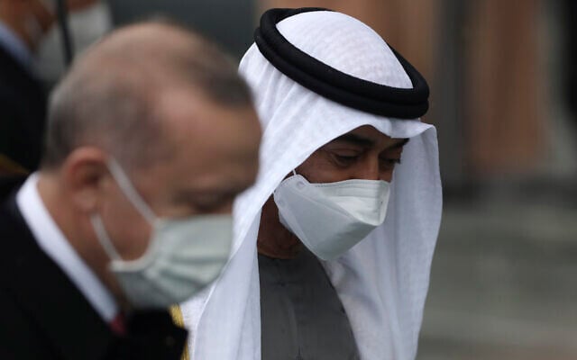 Turkey's President Recep Tayyip Erdogan, left, and Sheikh Mohammed bin Zayed Al Nahyan, the Crown Prince of the United Arab Emirates, speak during a welcoming ceremony at the presidential palace, in Ankara, Turkey, Wednesday, Nov. 24, 2021. (AP Photo/Burhan Ozbilici) Turkey's President Recep Tayyip Erdogan, left, and Sheikh Mohammed bin Zayed Al Nahyan, the Crown Prince of the United Arab Emirates, speak during a welcoming ceremony at the presidential palace, in Ankara, Turkey, Wednesday, Nov. 24, 2021. (AP Photo/Burhan Ozbilici)