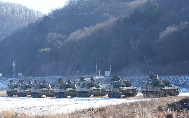 South Korean army K9 self-propelled howitzers move in Paju, near the border with North Korea, South Korea, on Tuesday, January 11, 2022. (AP/Ahn Young-joon) South Korean army K9 self-propelled howitzers move in Paju, near the border with North Korea, South Korea, on Tuesday, January 11, 2022. (AP/Ahn Young-joon)