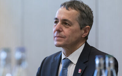 President of the Swiss Confederation, Ignazio Cassis, pauses while speaking during a meeting with US Secretary of State Antony Blinken, on January 21, 2022, in Geneva, Switzerland. (AP Photo/Alex Brandon, Pool)