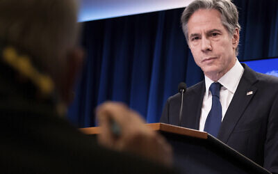 US Secretary of State Antony Blinken speaks during a briefing at the State Department in Washington, on January 26, 2022. (Brendan Smialowski/Pool via AP)