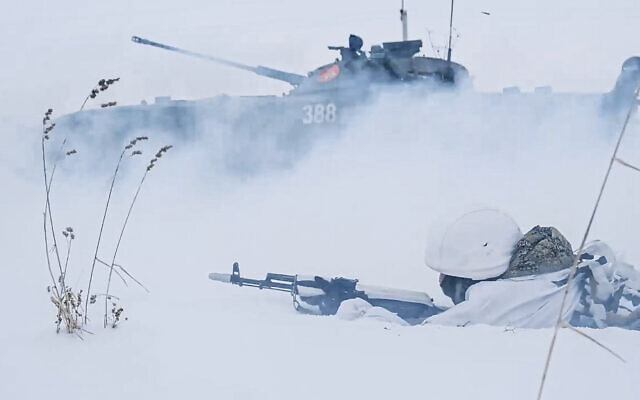 In this photo taken from video and released by the Russian Defense Ministry Press Service on February 2, 2022, Russian soldiers attend a military training at the Yurginsky training ground in the Kemerovo region, Russia. (Russian Defense Ministry Press Service via AP) In this photo taken from video and released by the Russian Defense Ministry Press Service on February 2, 2022, Russian soldiers attend a military training at the Yurginsky training ground in the Kemerovo region, Russia. (Russian Defense Ministry Press Service via AP)