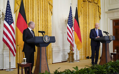 US President Joe Biden speaks during a joint news conference with German Chancellor Olaf Scholz in the East Room of the White House, Feb. 7, 2022, in Washington. (AP Photo/Alex Brandon) US President Joe Biden speaks during a joint news conference with German Chancellor Olaf Scholz in the East Room of the White House, Feb. 7, 2022, in Washington. (AP Photo/Alex Brandon)