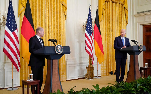 US President Joe Biden speaks during a joint news conference with German Chancellor Olaf Scholz in the East Room of the White House, Feb. 7, 2022, in Washington. (AP Photo/Alex Brandon) US President Joe Biden speaks during a joint news conference with German Chancellor Olaf Scholz in the East Room of the White House, Feb. 7, 2022, in Washington. (AP Photo/Alex Brandon)