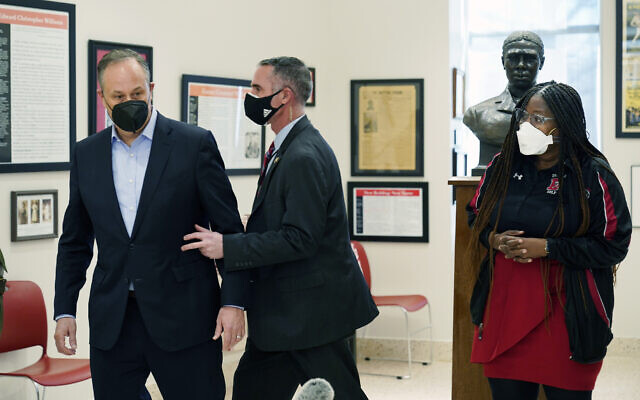 Doug Emhoff, the husband of US Vice President Kamala Harris, is whisked out of an event at a high school by a Secret Service agent following an apparent security concern, February 8, 2022 in Washington. (AP Photo/Manuel Balce Ceneta) Doug Emhoff, the husband of US Vice President Kamala Harris, is whisked out of an event at a high school by a Secret Service agent following an apparent security concern, February 8, 2022 in Washington. (AP Photo/Manuel Balce Ceneta)