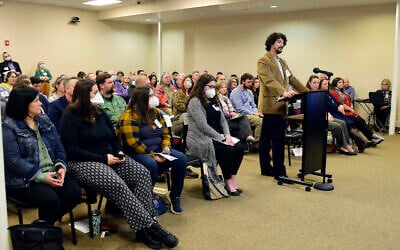 James Cockrum speaks before the McMinn County School Board in a packed meeting room, Thursday, Feb. 10, 2022, in Athens, Tenn. The McMinn County School Board heard from concerned citizens about the removal of the Pulitzer Prize-winning graphic novel about the Holocaust, “Maus," from the district's curriculum at the meeting. (Robin Rudd/Chattanooga Times Free Press via AP)