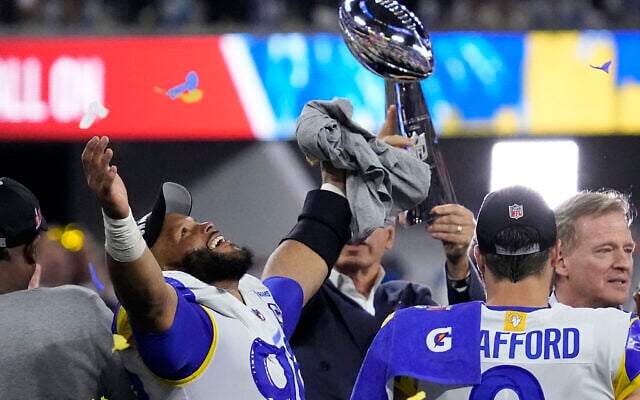 Los Angeles Rams defensive end Aaron Donald (99) after the NFL Super Bowl 56 football game Sunday, Feb. 13, 2022, in Inglewood, Calif. The Los Angeles Rams won 23-20. (AP Photo/Julio Cortez) Los Angeles Rams defensive end Aaron Donald (99) after the NFL Super Bowl 56 football game Sunday, Feb. 13, 2022, in Inglewood, Calif. The Los Angeles Rams won 23-20. (AP Photo/Julio Cortez)