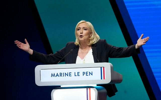 French far-tight leader Marine Le Pen delivers a speech during a campaign rally, on February 5, 2022 in Reims, eastern France. (AP Photo/Michel Euler, File) French far-tight leader Marine Le Pen delivers a speech during a campaign rally, on February 5, 2022 in Reims, eastern France. (AP Photo/Michel Euler, File)