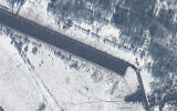 This February 15, 2022 satellite image provided by Maxar Technologies shows attack helicopters deployed at Zyabrovka airfield in Belarus. (Satellite image ©2022 Maxar Technologies via AP)