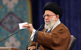 Iranian Supreme Leader Ayatollah Ali Khamenei speaks during a televised video conference with an audience in the city of Tabriz commemorating the 1979 Islamic Revolution, in Tehran, Iran, on February 17, 2022. (Office of the Iranian Supreme Leader via AP)