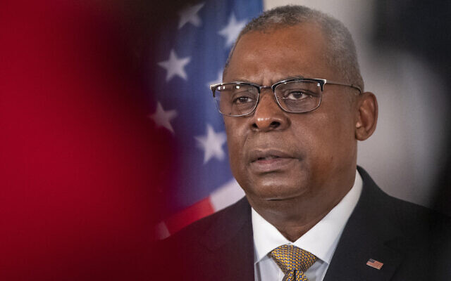 US Secretary for Defense Lloyd J. Austin III speaks during a media conference following his meeting with Lithuanian officials at the Defense Ministry in Vilnius, Lithuania, Feb. 19, 2022. (Mindaugas Kulbis/AP)