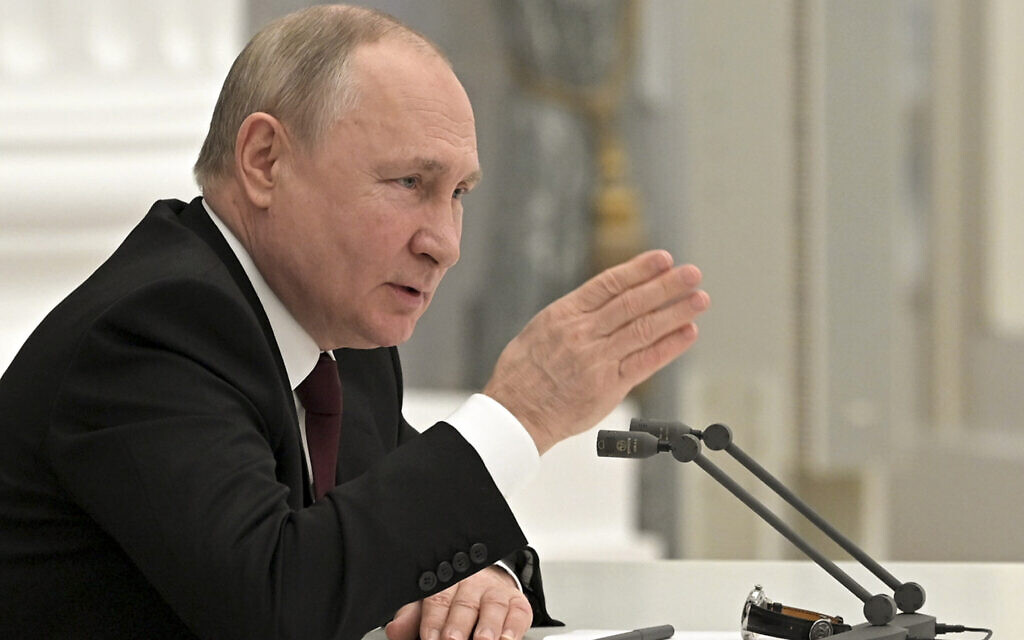 Russian President Vladimir Putin speaks during a Security Council meeting in the Kremlin in Moscow, Russia, on February 21, 2022. (Alexei Nikolsky/Sputnik, Kremlin Pool Photo via AP)