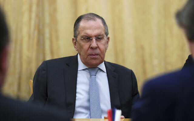 In this handout photo released by Russian Foreign Ministry Press Service, Russian Foreign Minister Sergey Lavrov listens to the UN special envoy for Syria Geir Pedersen, right back to a camera, during their talks in Moscow, Russia, February 23, 2022. (Russian Foreign Ministry Press Service via AP) In this handout photo released by Russian Foreign Ministry Press Service, Russian Foreign Minister Sergey Lavrov listens to the UN special envoy for Syria Geir Pedersen, right back to a camera, during their talks in Moscow, Russia, February 23, 2022. (Russian Foreign Ministry Press Service via AP)