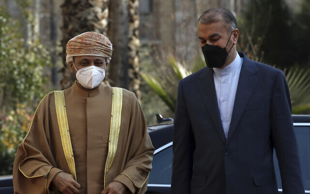 Iranian Foreign Minister Hossein Amirabdollahian (right) welcomes Omani Foreign Minister Sayyid Badr Albusaidi, in Tehran, Iran, on February 23, 2022. (AP Photo/Vahid Salemi) Iranian Foreign Minister Hossein Amirabdollahian (right) welcomes Omani Foreign Minister Sayyid Badr Albusaidi, in Tehran, Iran, on February 23, 2022. (AP Photo/Vahid Salemi)
