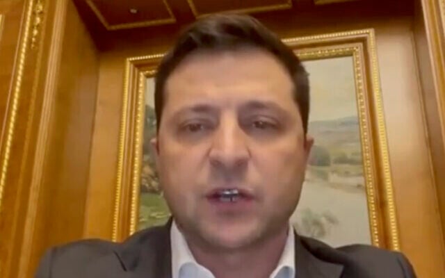 In this handout photo taken from video provided by the Ukrainian Presidential Press Office, Ukrainian President Volodymyr Zelensky addresses to the nation in Kyiv, Ukraine, Feb. 24, 2022. (Ukrainian Presidential Press Office via AP) In this handout photo taken from video provided by the Ukrainian Presidential Press Office, Ukrainian President Volodymyr Zelensky addresses to the nation in Kyiv, Ukraine, Feb. 24, 2022. (Ukrainian Presidential Press Office via AP)