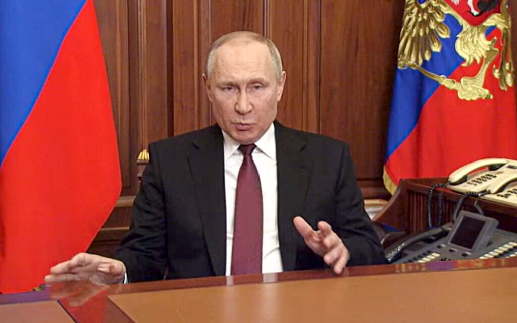 In this image made from video released by the Russian Presidential Press Service, Russian President Vladimir Putin addresses the nation in Moscow, Russia, on, February 24, 2022. (Russian Presidential Press Service via AP)