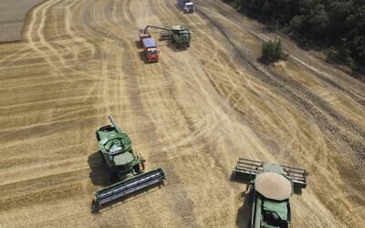 Farmers harvest with their combines in a wheat field near the village Tbilisskaya, Russia, July 21, 2021. (AP/Vitaly Timkiv)
