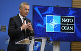 NATO Secretary General Jens Stoltenberg speaks during a media conference at NATO headquarters in Brussels, Feb 24, 2022. (Virginia Mayo/AP)