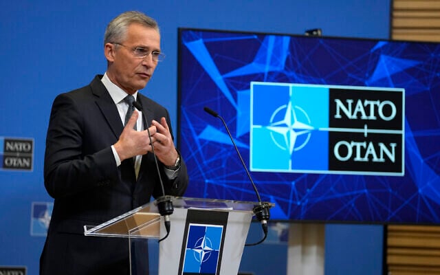 NATO Secretary General Jens Stoltenberg speaks during a media conference at NATO headquarters in Brussels, Feb 24, 2022. (Virginia Mayo/AP) NATO Secretary General Jens Stoltenberg speaks during a media conference at NATO headquarters in Brussels, Feb 24, 2022. (Virginia Mayo/AP)