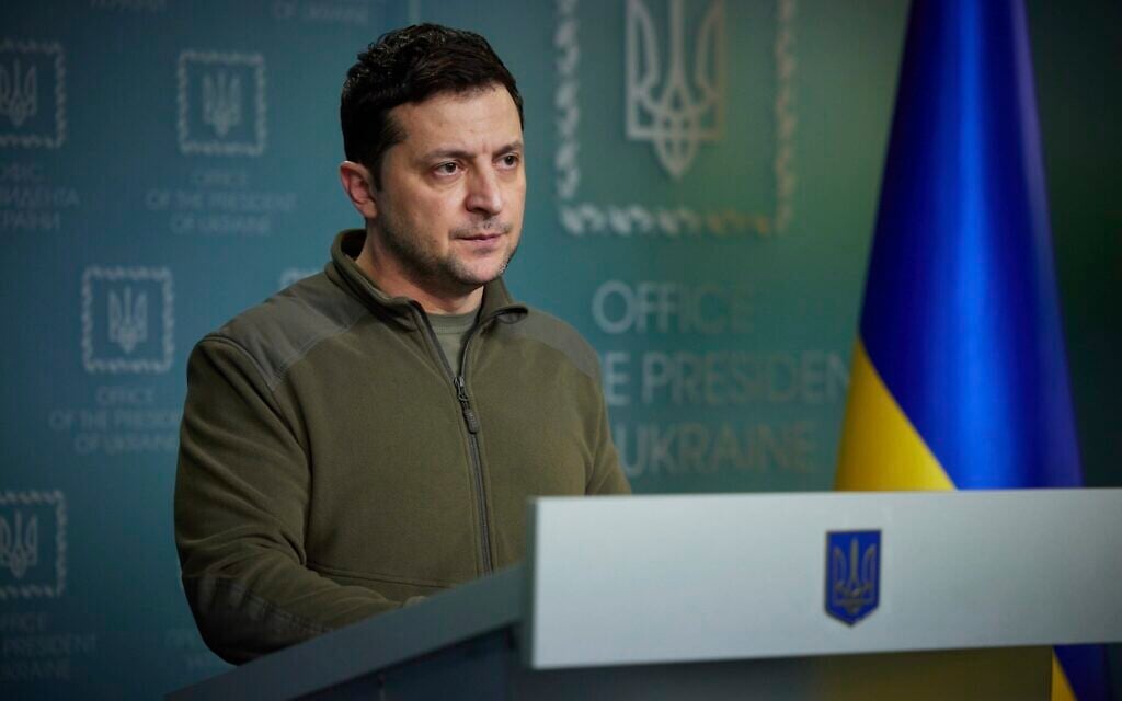 In this photo provided by the Ukrainian Presidential Press Office, Ukrainian President Volodymyr Zelensky delivers his speech addressing the nation in Kyiv, Ukraine, on February 25, 2022. (Ukrainian Presidential Press Office via AP)