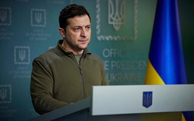 In this photo provided by the Ukrainian Presidential Press Office, Ukrainian President Volodymyr Zelensky delivers his speech addressing the nation in Kyiv, Ukraine, on February 25, 2022. (Ukrainian Presidential Press Office via AP) In this photo provided by the Ukrainian Presidential Press Office, Ukrainian President Volodymyr Zelensky delivers his speech addressing the nation in Kyiv, Ukraine, on February 25, 2022. (Ukrainian Presidential Press Office via AP)
