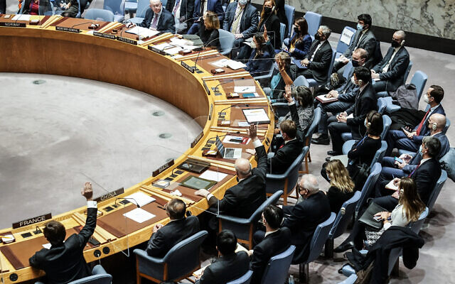 Representatives attend a UN Security Council meeting on the Russian invasion of Ukraine, on Friday, February 25, 2022, at UN headquarters. Russia vetoed a Security Council resolution demanding that Moscow stop its attack on Ukraine and withdraw all troops. Friday’s vote was 11-1, with China, India, and the United Arab Emirates abstaining. It showed significant but not total opposition to Russia’s invasion of its smaller, militarily weaker neighbor. (AP Photo/John Minchillo) Representatives attend a UN Security Council meeting on the Russian invasion of Ukraine, on Friday, February 25, 2022, at UN headquarters. Russia vetoed a Security Council resolution demanding that Moscow stop its attack on Ukraine and withdraw all troops. Friday’s vote was 11-1, with China, India, and the United Arab Emirates abstaining. It showed significant but not total opposition to Russia’s invasion of its smaller, militarily weaker neighbor. (AP Photo/John Minchillo)