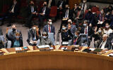 Security Council members, from left, Britain's Ambassador to the UN Barbara Woodward; US Ambassador to the UN Linda Thomas-Greenfield; Albania's UN Ambassador Ferit; Hoxha; and Brazil's Ambassador to the UN Ronaldo Costa Filho, vote in the the United Nations Security Council, Friday, Feb. 25, 2022. (AP Photo/Seth Wenig)