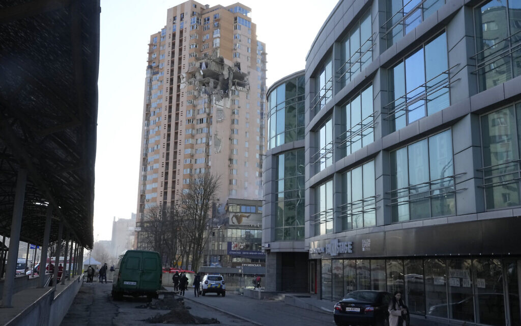An apartment building damaged following a rocket attack on the city of Kyiv, Ukraine, February 26, 2022. (AP Photo/Efrem Lukatsky)