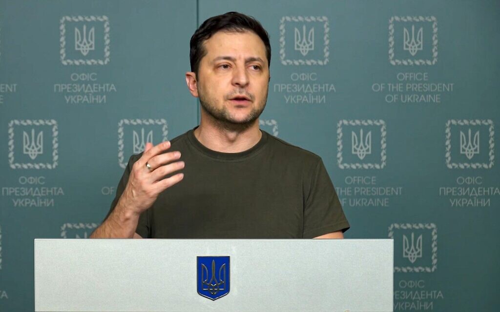 In this photo taken from video provided by the Ukrainian Presidential Press Office, Ukrainian President Volodymyr Zelensky speaks to the nation in Kyiv, Ukraine, on February 27, 2022. (Ukrainian Presidential Press Office via AP)